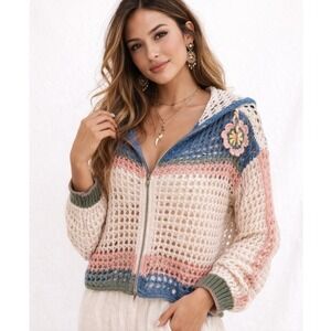 Mello Womens Crochet Knit Zip Up Hoodie Sweater Cream Blue Pink Floral Medium